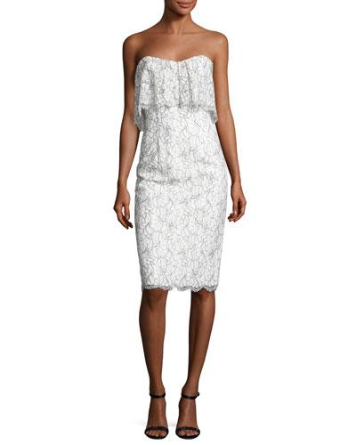 Strapless Lace Popover Cocktail Dress, White/black
