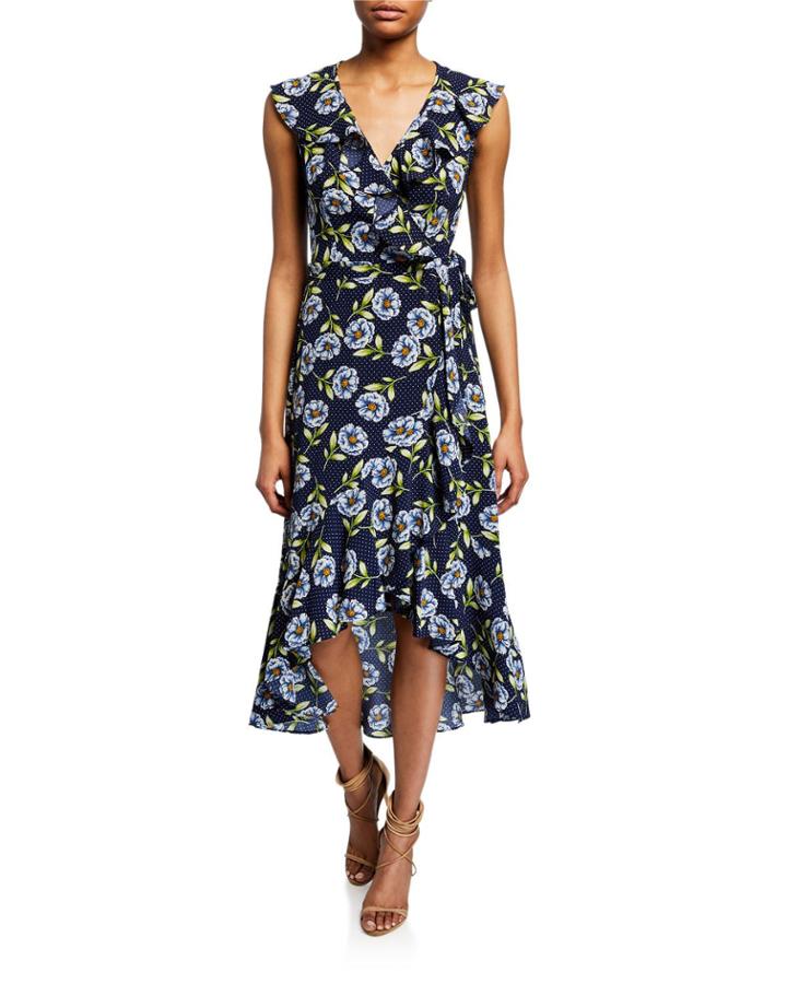 Floral Print Ruffle Midi Wrap Dress