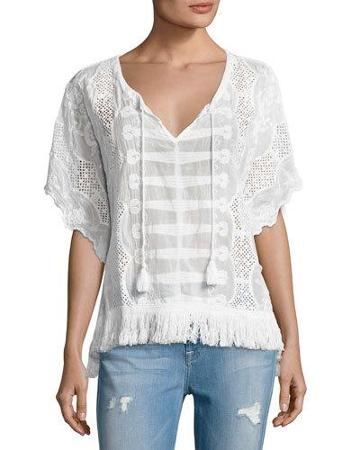 Mixed Media Fringed-hem Top, White