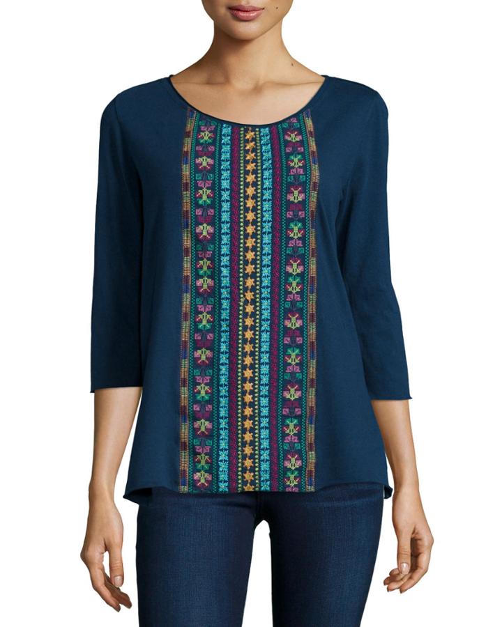 Jwla 3/4-sleeve Geometric-embroidered Scoop-neck Tee, Blue Dream, Women's,