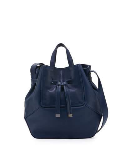 Anna Leather Drawstring Bucket Bag, Navy