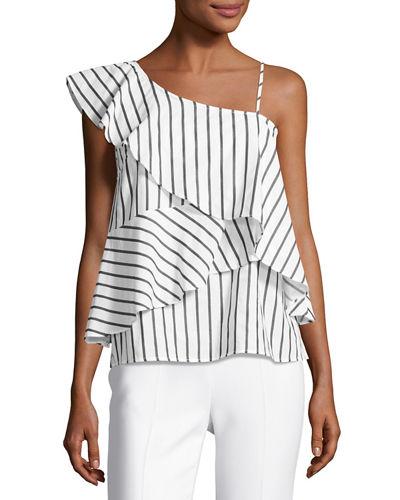 One-shoulder Striped Ruffled Blouse