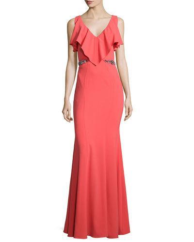 Faviana Embellished-waist Gown, Coral