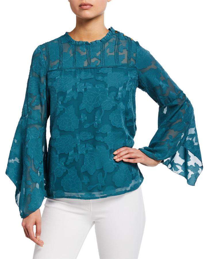 Delicate Floral Burnout Bell-sleeve Blouse