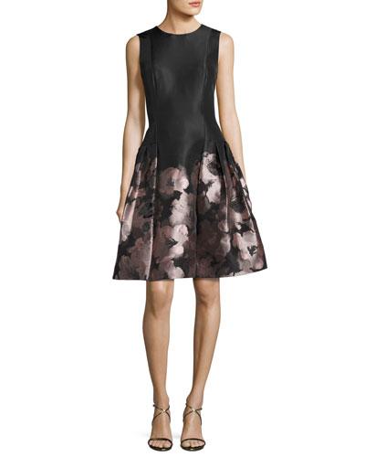 Sleeveless Floral Brocade Fit-and-flare Dress, Blush/black