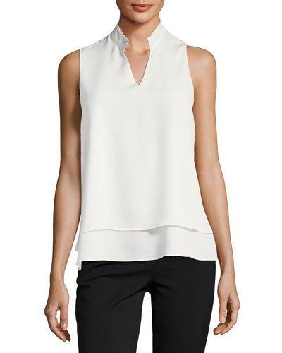 Split-neck Sleeveless Crepe De Chine Blouse