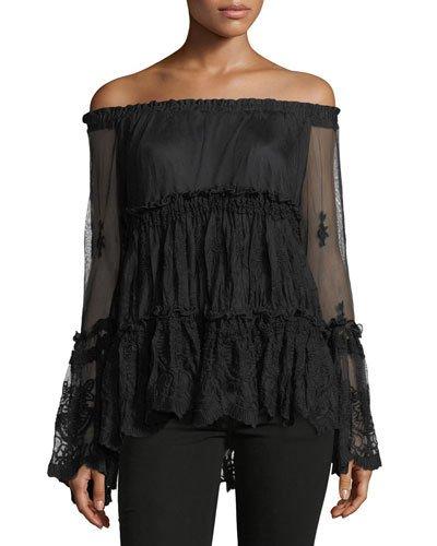 Off-the-shoulder Mesh Peasant Blouse