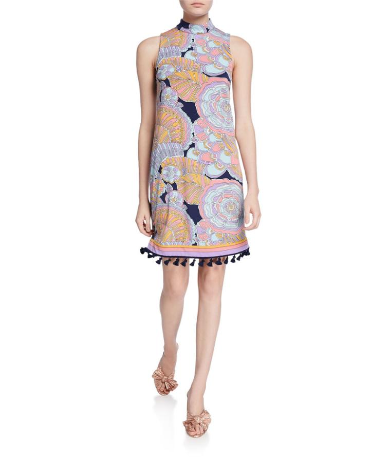 Coconut Floral-print Mock-neck Sleeveless Mini Tassel Dress