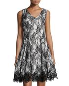 Bonded Lace Fit-and-flare Sleeveless Dress, Black/white