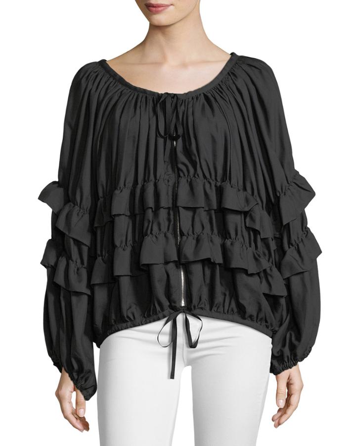 Scoop-neck Zip-front Ruffled Jacket