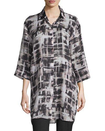 3/4-sleeve Box-print Tunic, Black