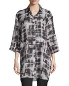 3/4-sleeve Box-print Tunic, Black