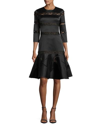 3/4-sleeve Tiered Lace Fit-and-flare Dress, Onyx