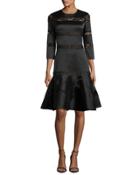 3/4-sleeve Tiered Lace Fit-and-flare Dress, Onyx