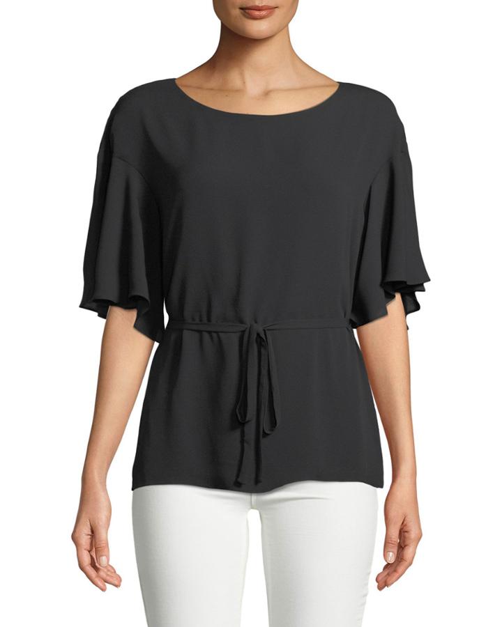 Flutter-sleeve Tie-waist Top, Black