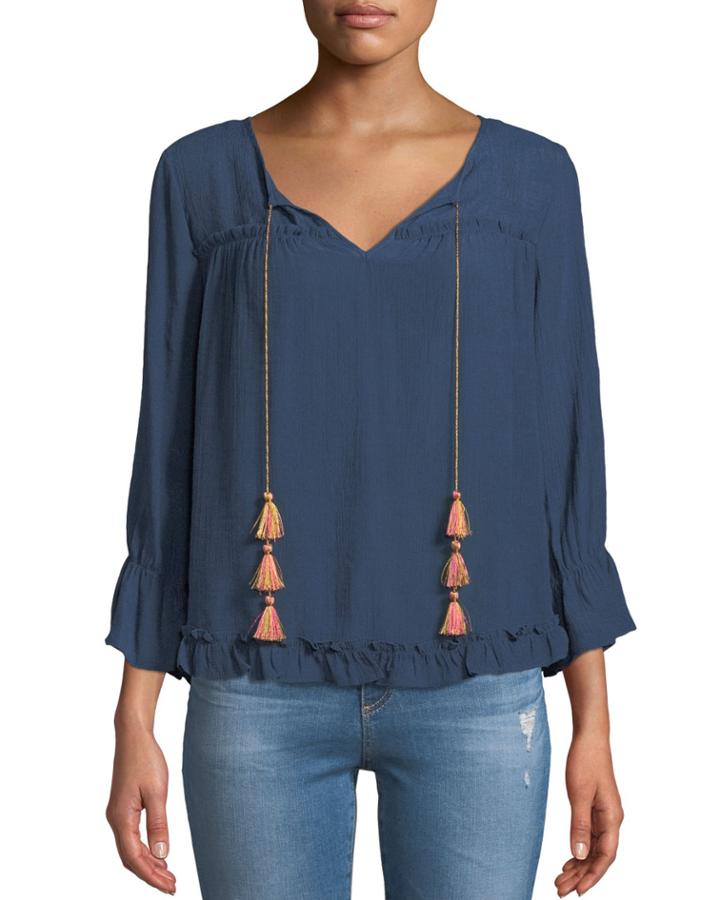 Tassel-tie Ruffle-trim Peasant Blouse