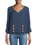 Tassel-tie Ruffle-trim Peasant Blouse