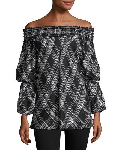 Off-the-shoulder Plaid Voile Blouse