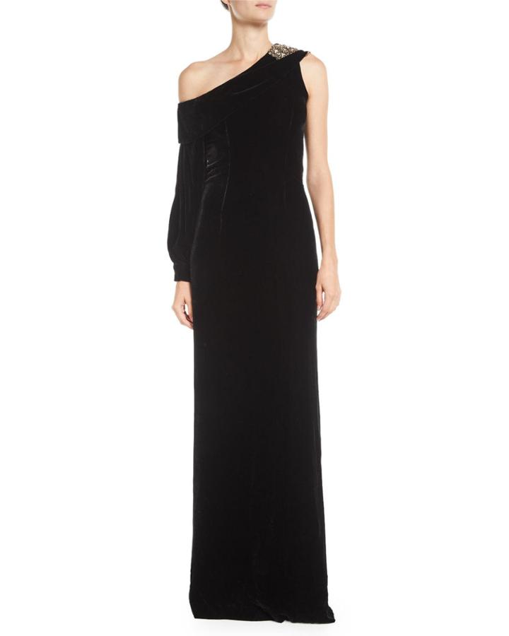 Austine Velvet One-shoulder Gown W/ Brooch