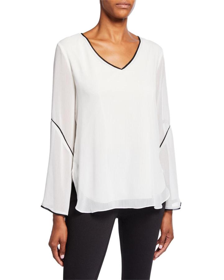 Contrast Piping Long-sleeve Crinkle Top
