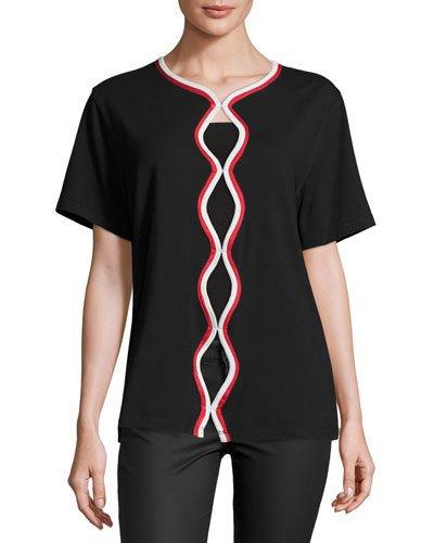 Piped Short-sleeve Top, Black Pattern
