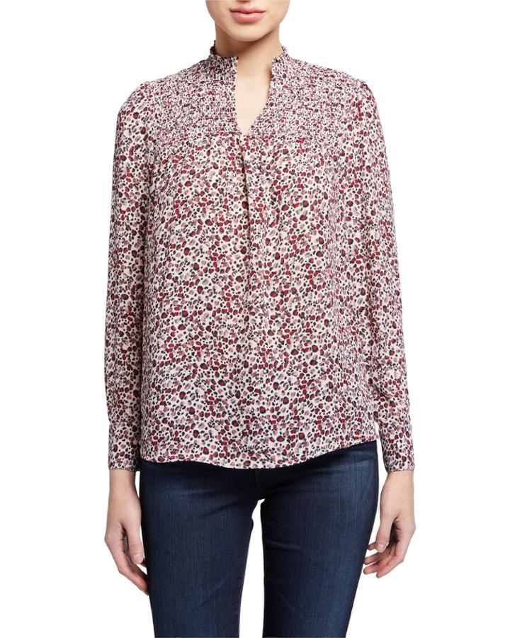 Printed Long-sleeve Smocked Button-down Blouse