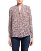 Printed Long-sleeve Smocked Button-down Blouse