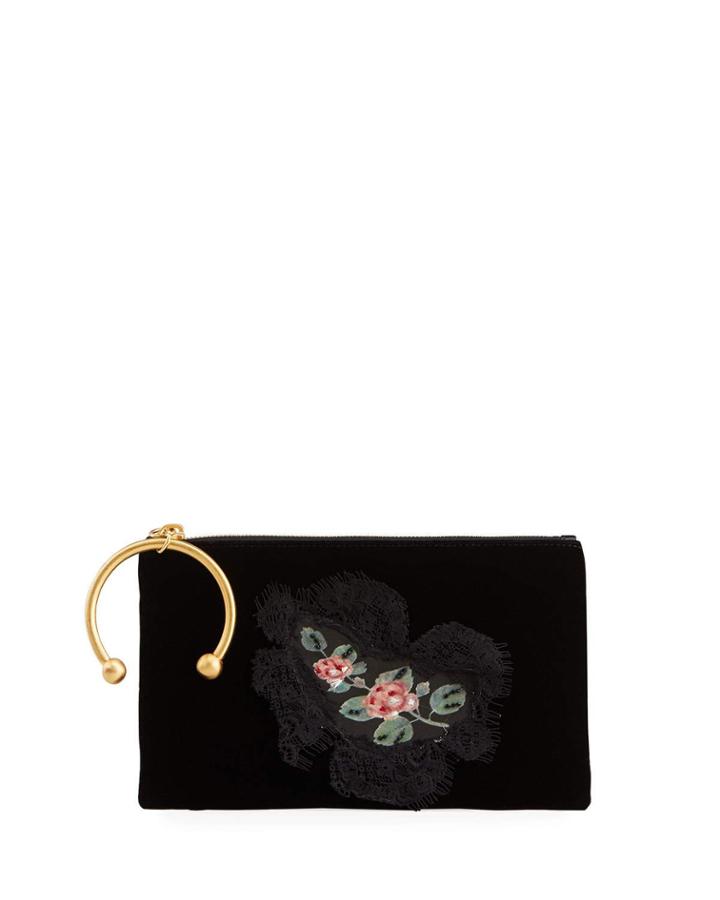 Velvet Floral Lace Applique Clutch Bag