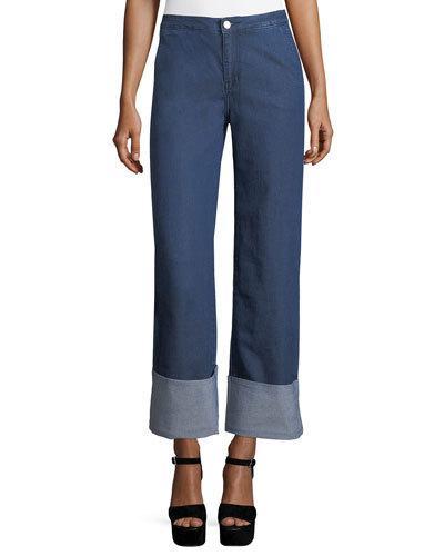 High-waist Chambray Cuffed Pants