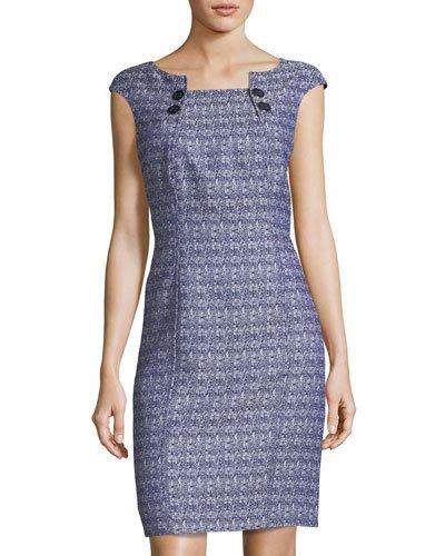 Textured Button Shift Dress, Blue/white