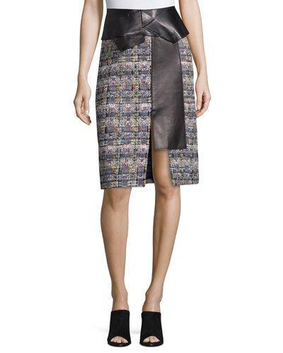 Leather-trimmed Tweed Skirt, Navy
