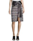 Leather-trimmed Tweed Skirt, Navy