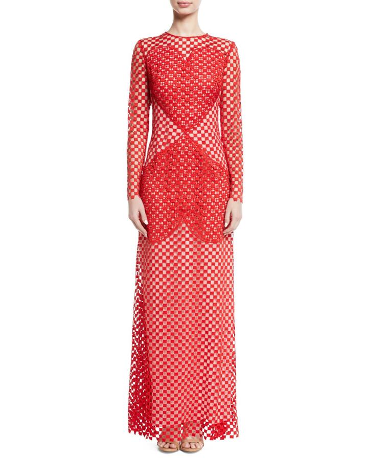 Sansusie Heart-embroidered Long-sleeve Evening Gown With