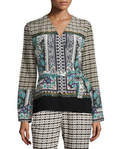 Long-sleeve Multi-print Wrap Blouse, Green