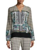 Long-sleeve Multi-print Wrap Blouse, Green