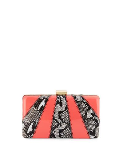 Jen Snake-embossed Evening Clutch Bag, Natural/coral