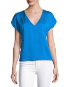 Short-sleeve Seamed V-neck Stretch-silk Top