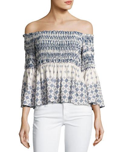 Printed Smocked Off-the-shoulder Top