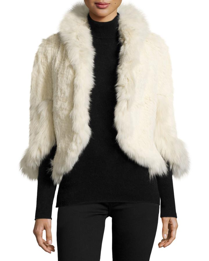Love Token Rabbit-fur Cape With Fox-fur Trim, Ivory, Women's,