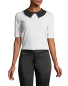 Elbow-sleeve Faux-collar Cashmere Sweater With Pearlescent Trim