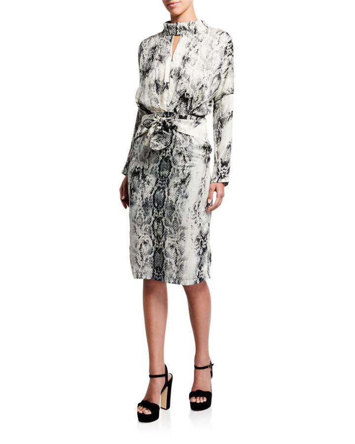 Snake-print Front-tie High-neck Dress