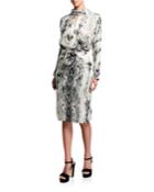 Snake-print Front-tie High-neck Dress