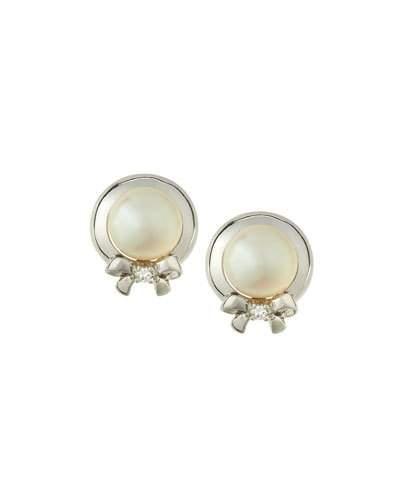 14k White Gold Freshwater Pearl & Diamond Bow Button Earrings
