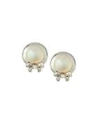 14k White Gold Freshwater Pearl & Diamond Bow Button Earrings