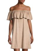 Faux-suede Off-the-shoulder Dress, Beige