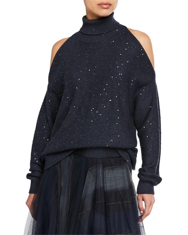 Sequin Cold-shoulder Cashmere/silk Turtleneck