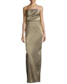 Strapless Metallic Evening Gown W/ Back Structured Flounce