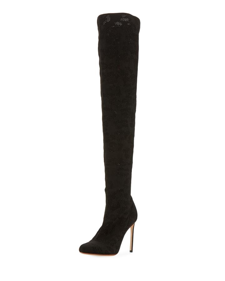 Perforated Stretch-fabric Tall Boot, Black
