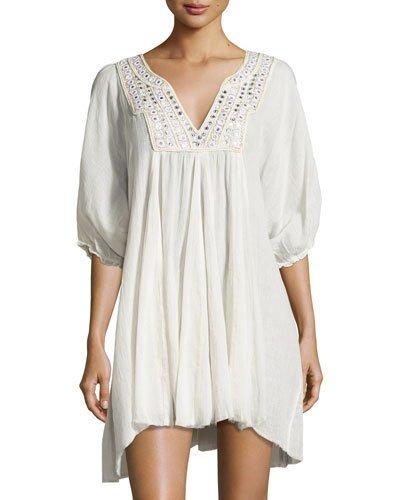 Geri Embellished 3/4-sleeve Tunic, White