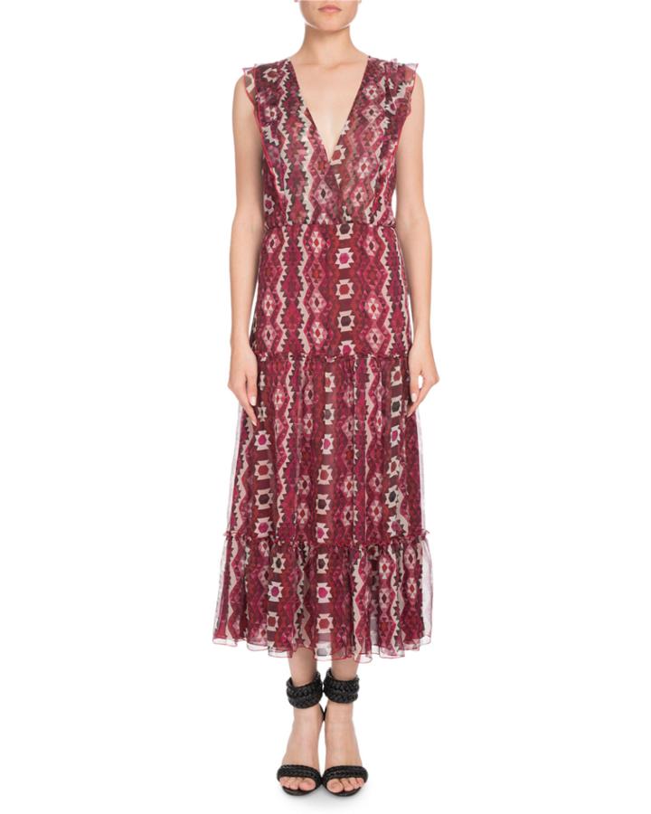 Aztec-print Sleeveless V-neck Silk Crepon